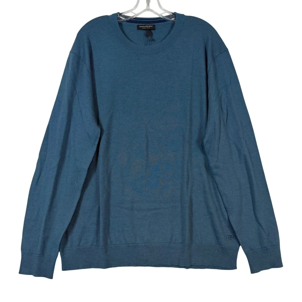 NWT Banana Republic Mens XXL Blue Merino Wool Crew Neck Sweater Classic Luxury